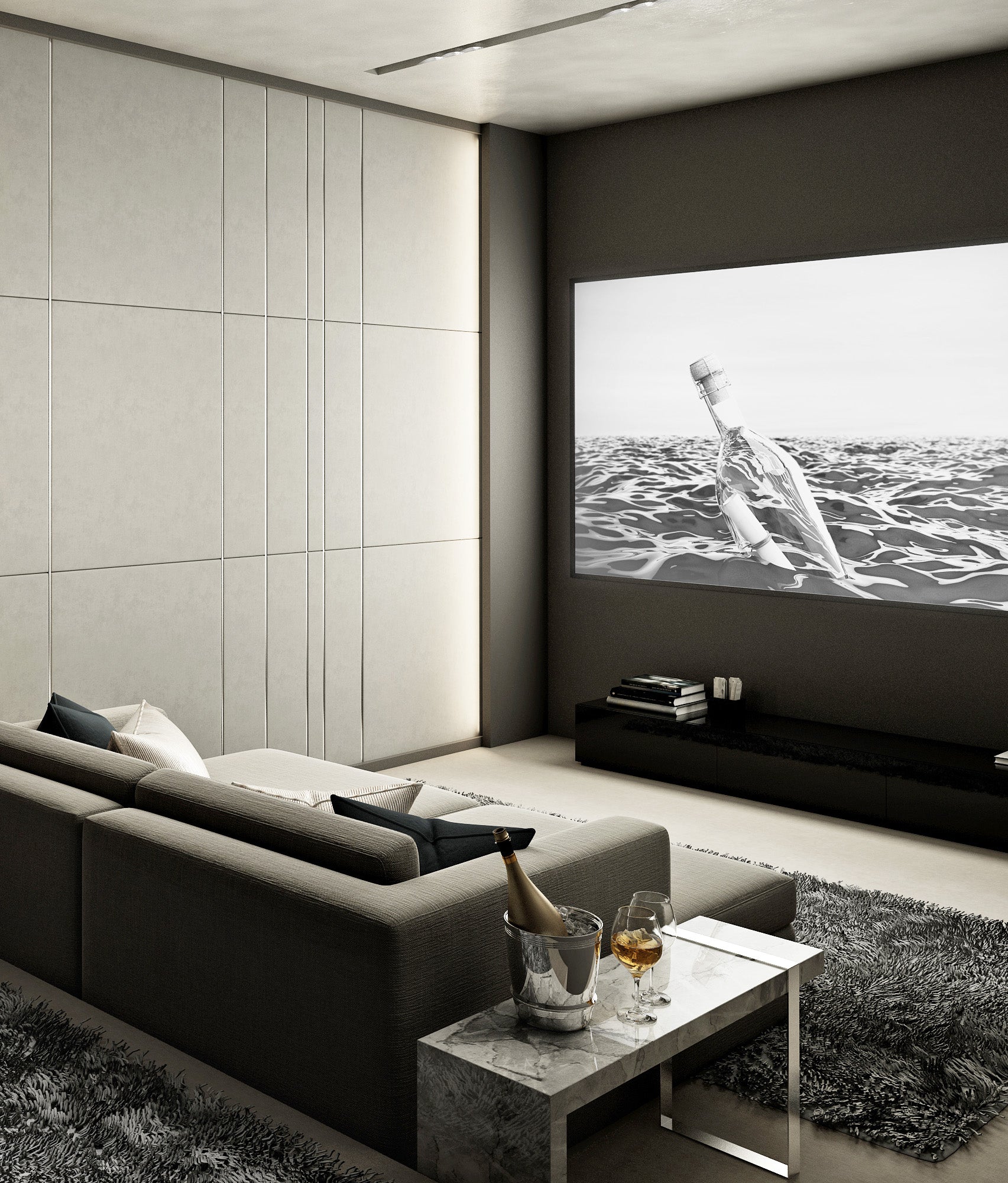 Modern home cinema with large projection screen, ambient lighting, and luxury seating for immersive AV experience