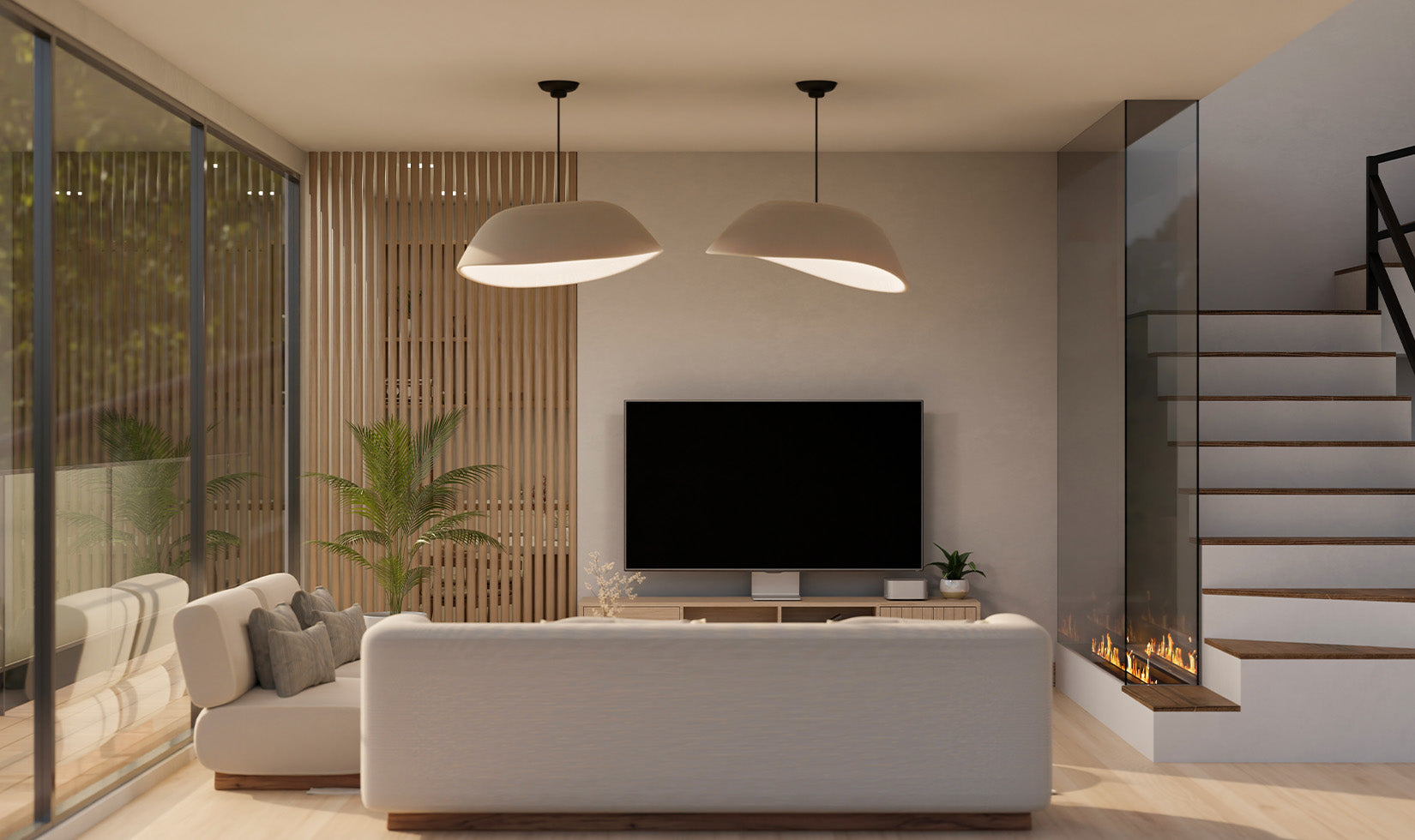 Modern living room with sleek sofa, wall-mounted TV, pendant lights, and glass-enclosed fireplace