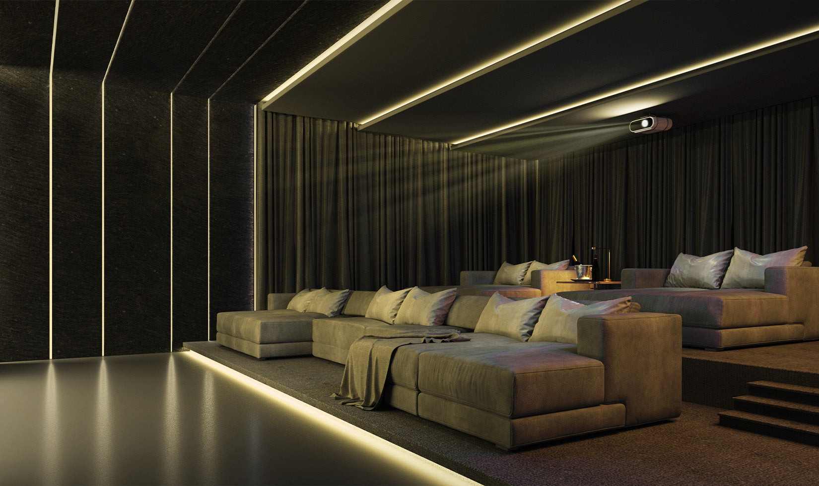 Luxury home theater with ambient lighting, plush seating, and integrated AV design for immersive entertainment.