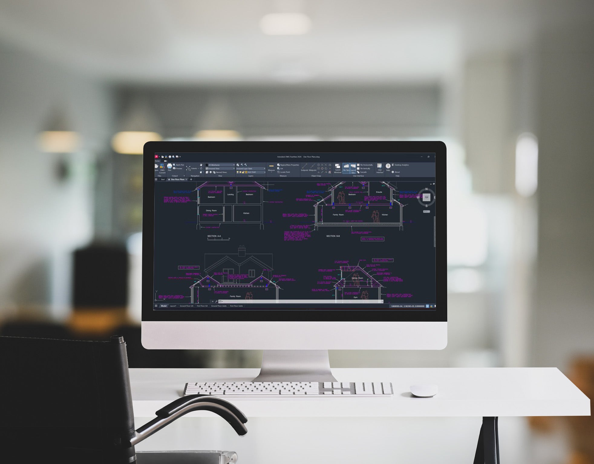 Computer screen displaying architectural floor plans for residential AV and lighting design consultancy