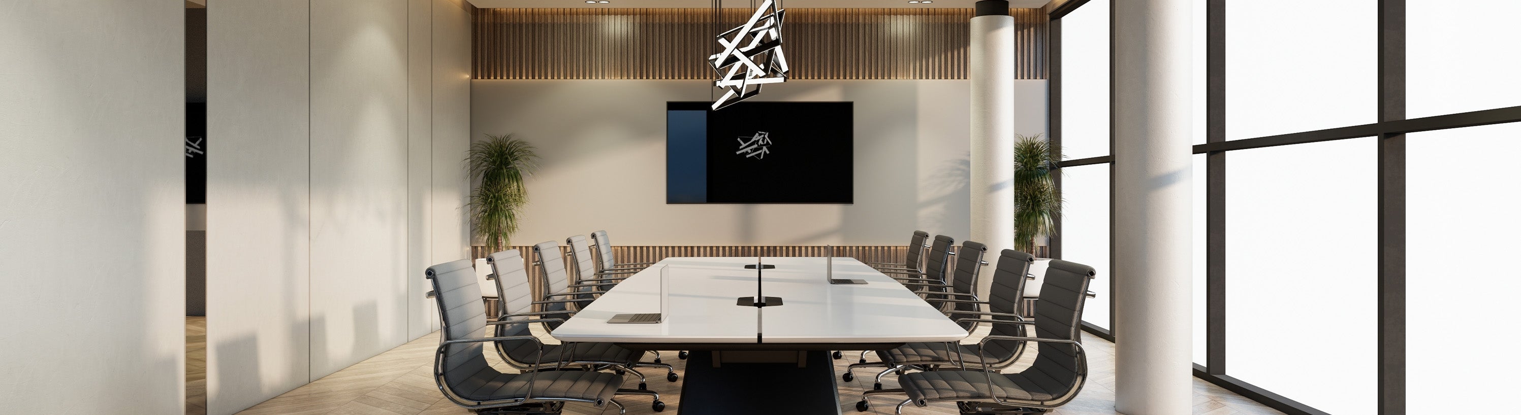 Modern conference room with AV setup, sleek table, ergonomic chairs, and large windows for corporate meetings