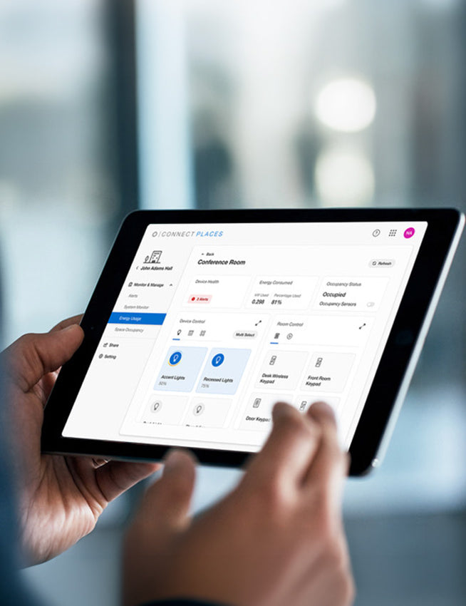 Smart building control tablet interface for lighting, energy, and room management in commercial spaces