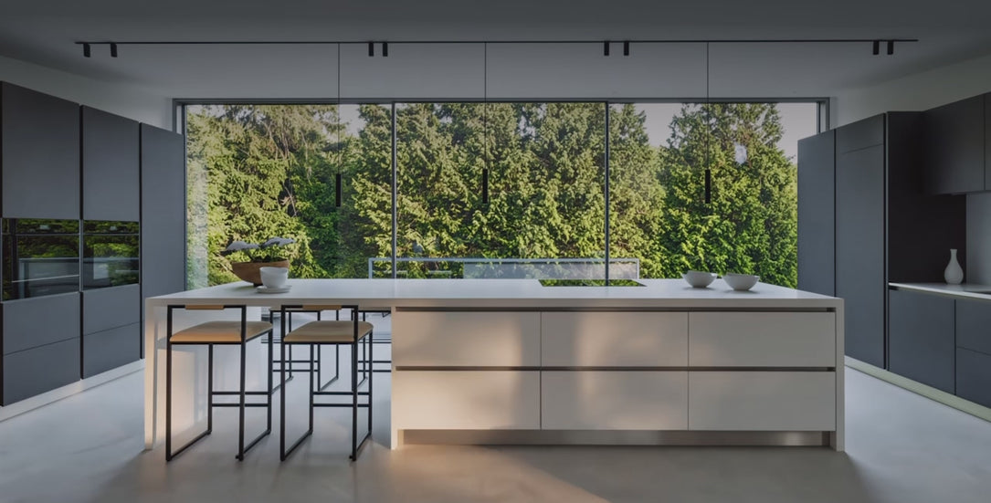 video showing a spacious modern kitchen throughout the day with changes of lighting